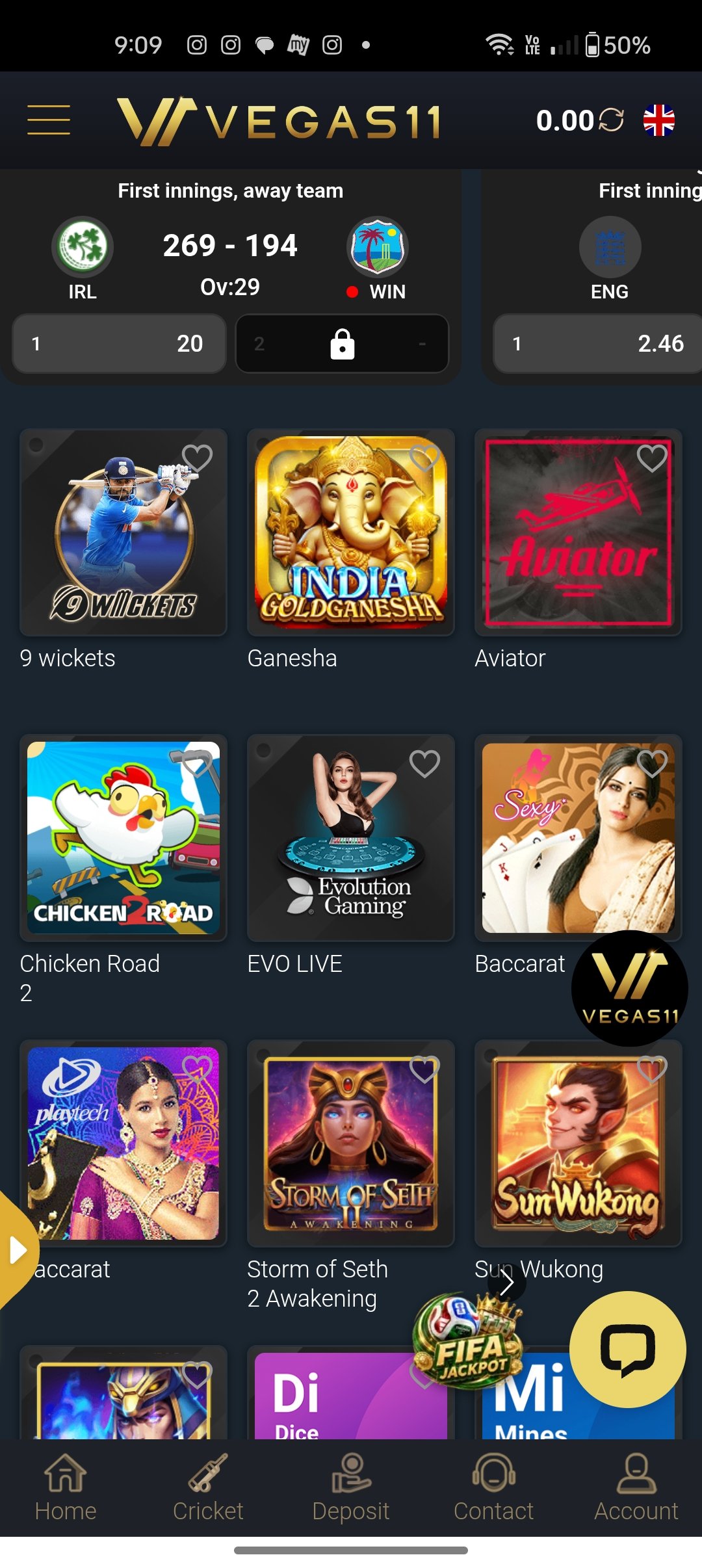 Vegas11 APK app home screen showing the games lobby on Android
