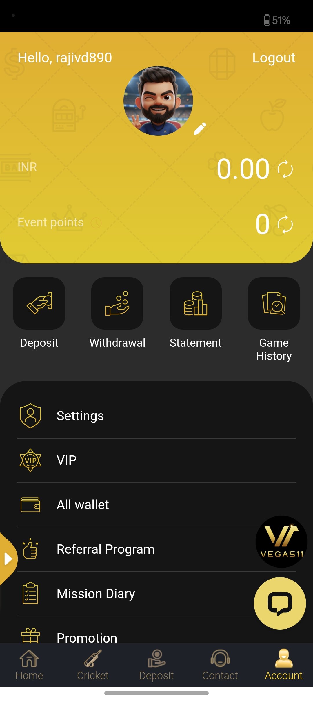 Vegas11 app live casino screen